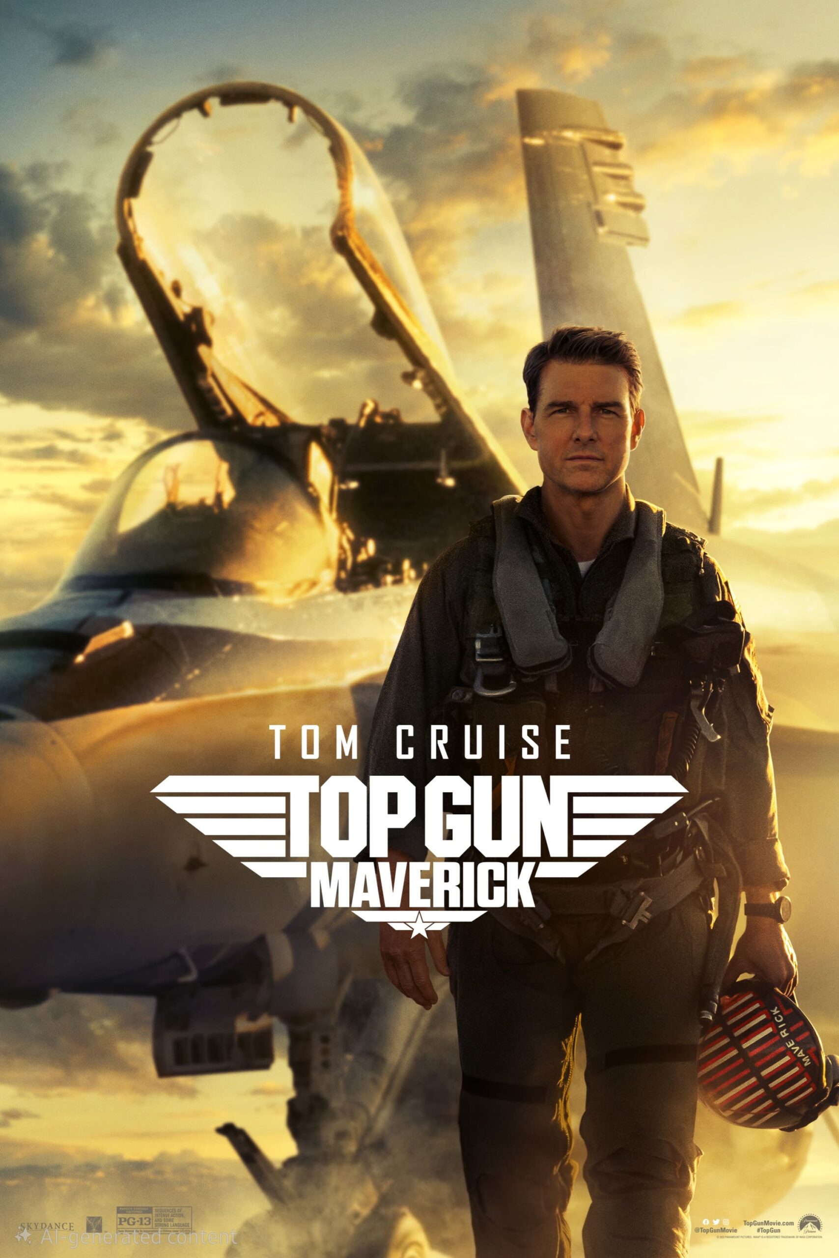 A man in a flight suit stands confidently in front of a fighter jet at sunset, holding a striped helmet. The text reads: Tom Cruise, Top Gun Maverick—stream it now on IPTV Latino.