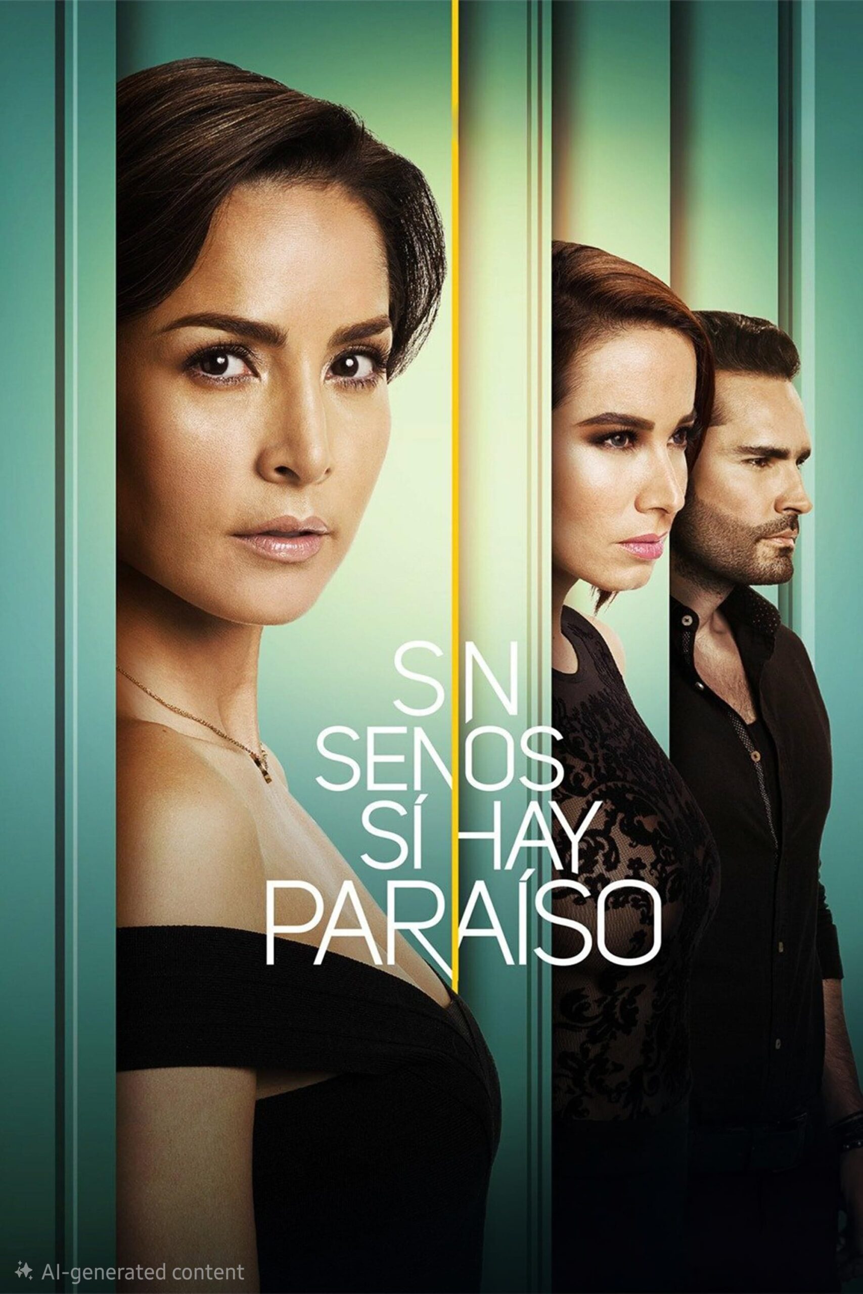 Three serious-looking characters stand against a teal background with vertical lines. The text reads “Sin Senos Sí Hay Paraíso.” Discover this gripping drama on IPTV Latino—the woman on the left faces forward, while the other two look to the right.